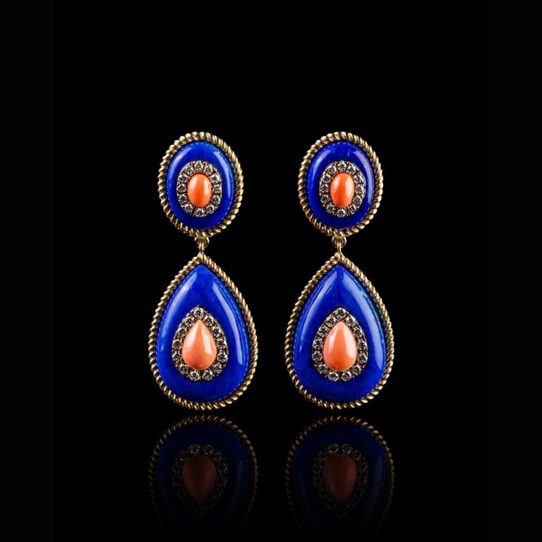 Gold earrings with corals, lapis lazuli, diamonds